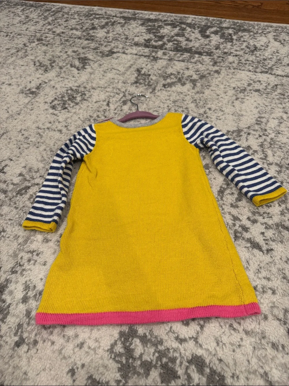 Baby Biden Girls' Yellow Knit Dress Top with Striped Sleeves and Cat Pocket